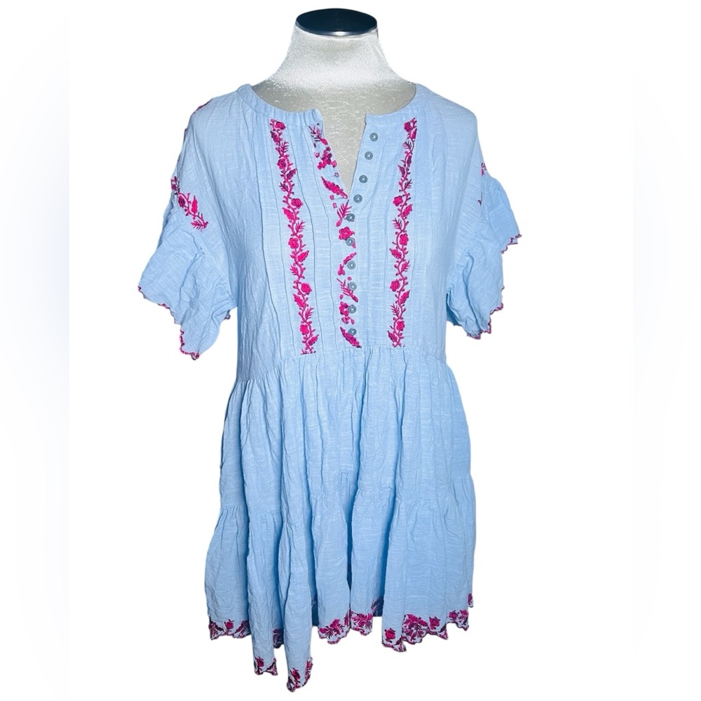 Free People Santiago Light Blue gauzy Dress with red Floral Embroidery S - Picture 1 of 8